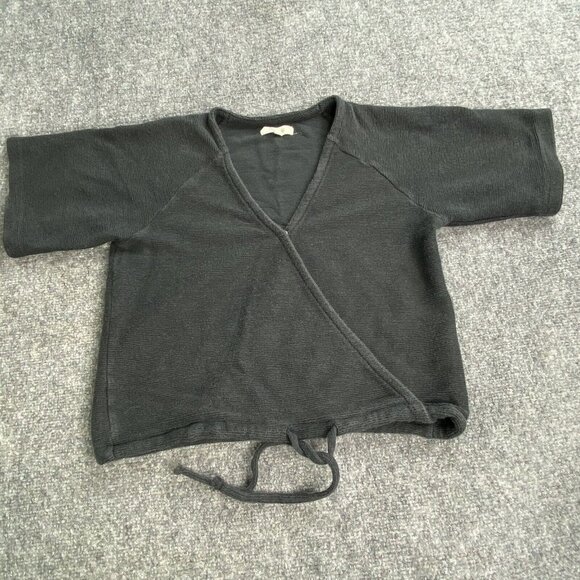 Madewell Top Womens Small Black Drapey Ottoman Jacquard Faux Wrap Drawstring - Picture 2 of 10